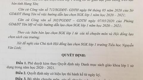 Quyết định phê duyệt danh mục sách giáo khoa lớp 1 sử dụng trong năm học 2020 - 2021 của trường Tiểu học Nguyễn Văn Linh.